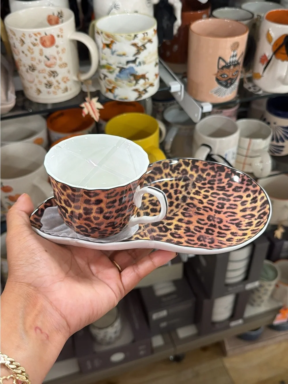 Leopard Print Ceramic Tea Cup and Saucer Set - Brown